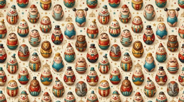 A seamless pattern of cute roly-poly dolls with vintage circus styling, soft rounded forms and cheerful retro warmth, ultra-realistic, no logos.