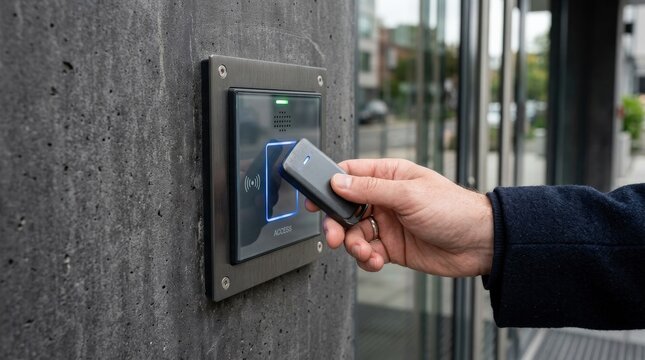 Close-up of a person using an electronic key fob at a wall-mounted building entry reader, modern access control system, hand detail, security technology and sleek architectural surface, photorealistic