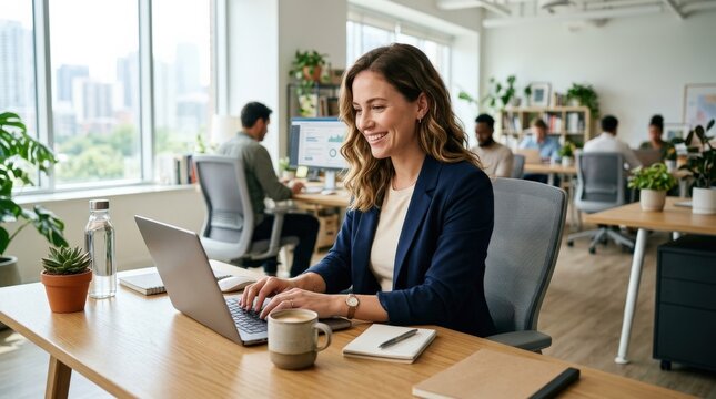 A smiling woman working at a desk with a laptop and coffee in a bright office, soft daylight, tidy workspace, natural confidence and a fresh productive atmosphere, ultra-realistic, no logos.