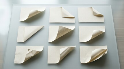 Fototapeta premium Set of realistic page-corner bending effects on a transparent-style backdrop, crisp folded-paper realism, subtle shadowing, practical editorial detail, photorealistic,no logos