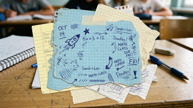 Torn blue graph-paper pieces with vintage grid texture and doodles, layered stationery scraps and a youthful school-collage atmosphere, ultra-realistic, no logos.