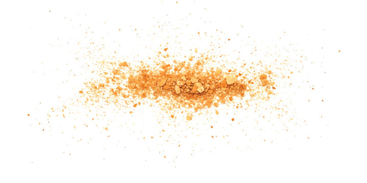 Scattered orange and tan cookie crumbs spread across a clean white surface in a horizontal line