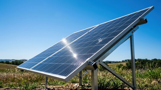 Photovoltaic solar panel under clear sky, sunlight glinting across glass surface, eco-friendly energy concept, minimal clean composition with sharp details, cinematic lighting, shot on Canon EOS R6,
