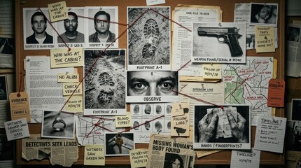 Fototapeta premium True crime retro collage elements with photocopy stipple texture, detective board motifs, footprints, suspect notes, evidence, pistol, hands and eyes, dark investigative mood, ultra-realistic, no