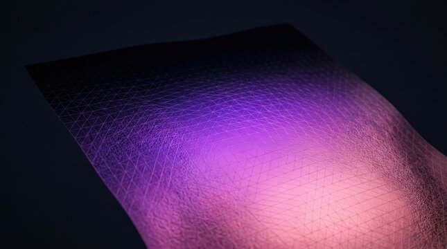 Dark background with large flat minimal 3D mesh gradient plane at slight angle, smooth interpolation between space black, neon violet and warm rose.