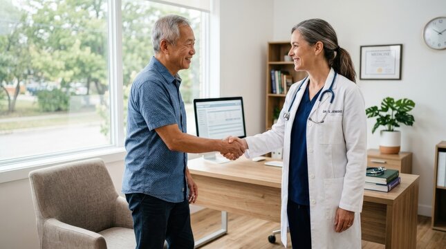 Doctor and patient shaking hands in clinic office, bright clean environment, gesture of trust and gratitude, soft natural lighting, cinematic healthcare scene, shot on Nikon Z7 II,no logos