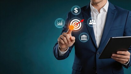 Fototapeta premium Businessman touching virtual target icon with financial symbols for success planning and growth strategy