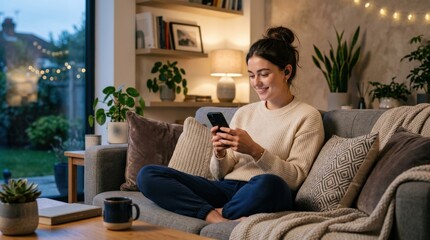 Obraz premium A girl wearing wireless in-ear headphones while using a smartphone at home, cozy modern interior, relaxed posture, soft ambient light, ultra-realistic, no logos.