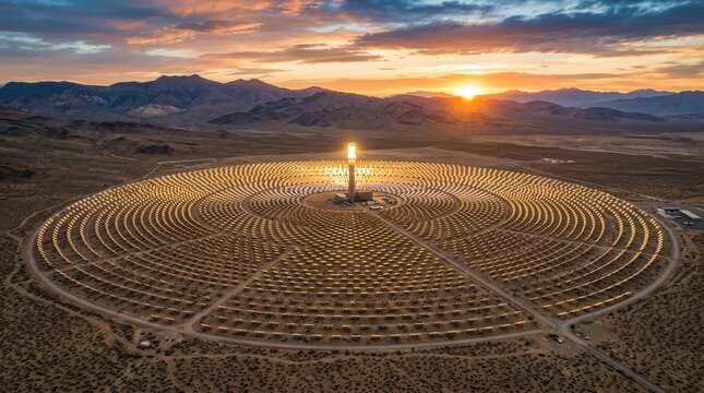 Aerial view of a concentrated solar thermal plant at sunrise in the Mojave Desert, glowing light over circular mirrors, vast arid land, cinematic renewable energy atmosphere, ultra-realistic, no