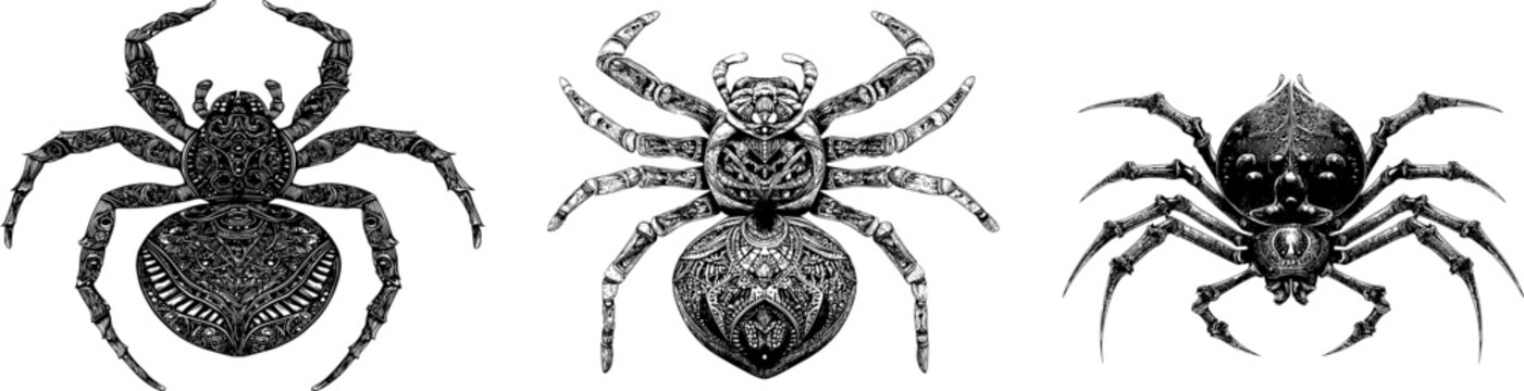 An elegant diving bell spider is depicted in an intricate, black ink outline on a solid white background, showcasing its symmetrical symmetry with clear boundaries and monochrome coloring book style