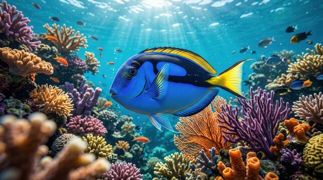 A majestic blue tang reef fish with vibrant yellow markings and elegant fins, bright tropical underwater atmosphere, ultra-realistic, no logos.