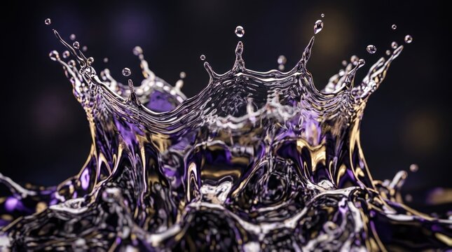 Dark background with massive 3D fluid simulation frozen mid-splash, photorealistic mercury liquid with mirror reflections catching violet and warm gold light.