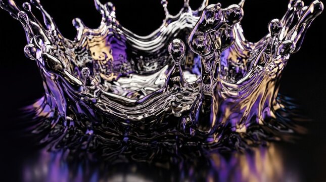 Dark background with massive 3D fluid simulation frozen mid-splash, photorealistic mercury liquid with mirror reflections catching violet and warm gold light.