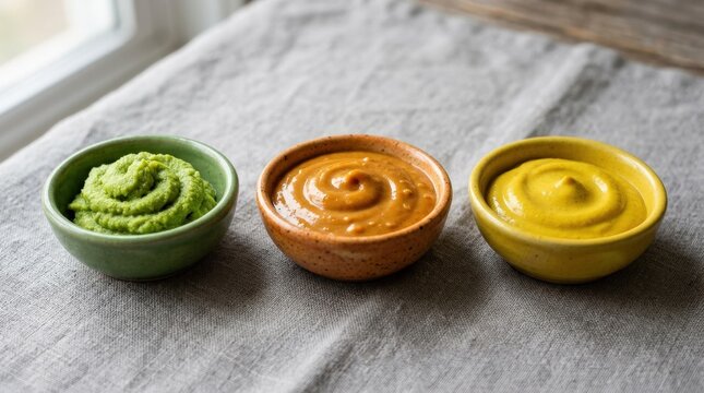 Three sauces isolated on a simple backdrop, green wasabi, orange peanut sauce, and yellow mustard in smooth swirls, vivid culinary contrast, ultra-realistic, no logos.