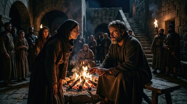 Apostle Peter by the fire, concerned eyes turned toward a questioning woman, embers glowing against the night, anxious faces and tense shadows from the denial of Christ, ultra-realistic, no logos.