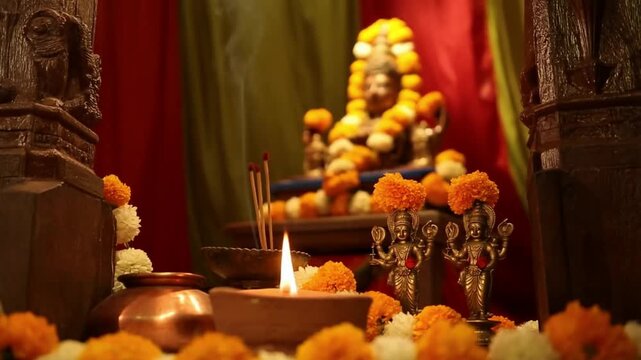 Traditional Hindu Worship Scene for Vishnu Nirjala Ekadashi with Oil Lamp, Incense, and Divine Idols in a Sacred Temple Setting
