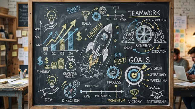 A hand-drawn business strategy icon collection on a dark chalkboard, money symbols, rocket launch, charts, goals and teamwork sketches with dusty texture, energetic startup classroom vibe,