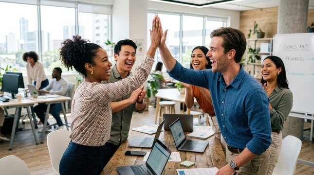 Teammates celebrating progress with a shared high-five, bright office background, spontaneous motion, joyful expressions, crisp daylight, uplifting team-success atmosphere, ultra-realistic, no logos.