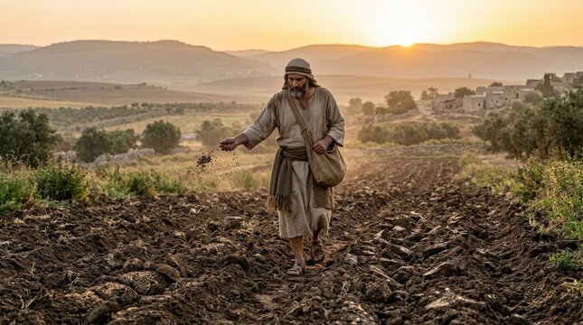 A man sowing seeds in a field, parable of the sower concept in biblical agriculture, textured soil, warm horizon light, quiet spiritual growth atmosphere, ultra-realistic, no logos.
