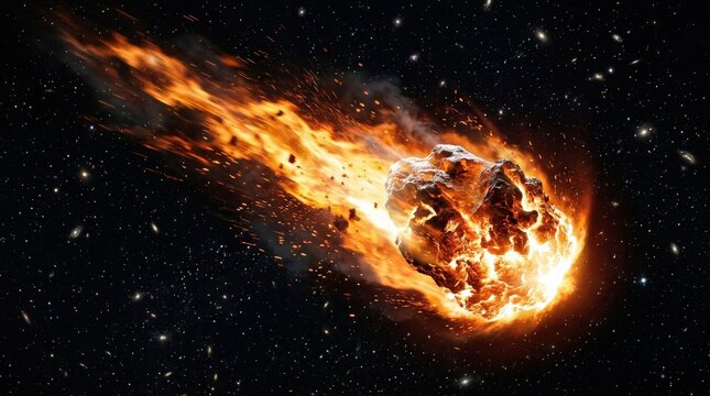 A burning asteroid streaking through space isolated against a dark backdrop, fiery tail, glowing rock texture and dramatic motion, cosmic intensity, ultra-realistic, no logos.