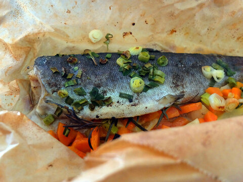 Forelle mit Gem&uuml;se im Backpapier gegart