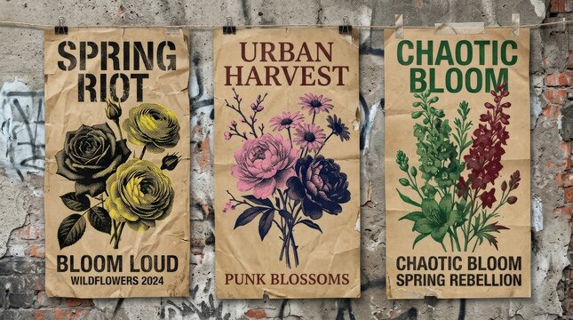 Vertical floral banner templates with halftone flowers on crumpled paper color backgrounds, punk spring energy and soft distressed poster aesthetics, ultra-realistic, no logos.