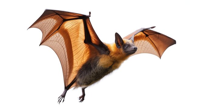 A flying fox bat with translucent orange wings in mid-flight against a white background animal wildlife