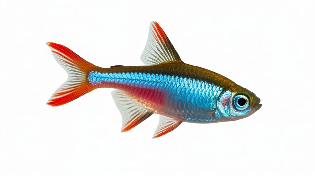 A single neon tetra fish with vibrant blue and red markings swims against a clean white background aquarium fish