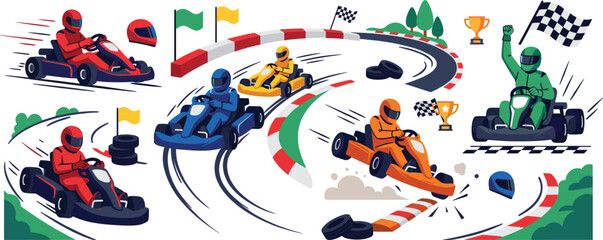 Go Kart Racing Illustration Set with Drivers on Track, Speed Competition Scenes, Motorsport Action, Victory Celebration, and Racing Circuit Elements Design © Yousuf