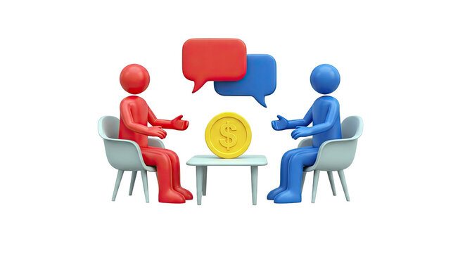 Business negotiation with dollar coin and chat bubbles