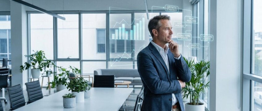 disposition concept showing a thoughtful businessperson contemplating decisions with charts and graphs overlay symbolizing mindset attitude and strategic planning in a modern office setting