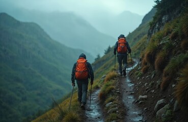 Fototapeta premium Two hikers with backpacks trek on a wet mountain trail. They use poles for balance while walking in the rain. Lush green slopes surround them. Moody weather adds drama.
