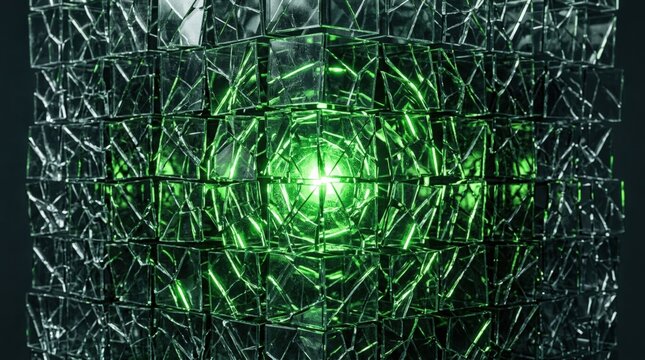 Full frame massive 3D shattered glass cube structure filling frame, cracked fragmented cubes with original grid readable, dark graphite background, cold neon green central radial light.