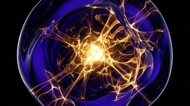 Dark background dominated by large smooth 3D glass form with thick internal caustic light patterns, electric indigo outer shell, warm golden caustic rays.