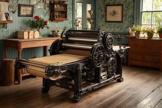 Mangle in vintage laundry room gleams like a steam-powered time machine on wooden floor.