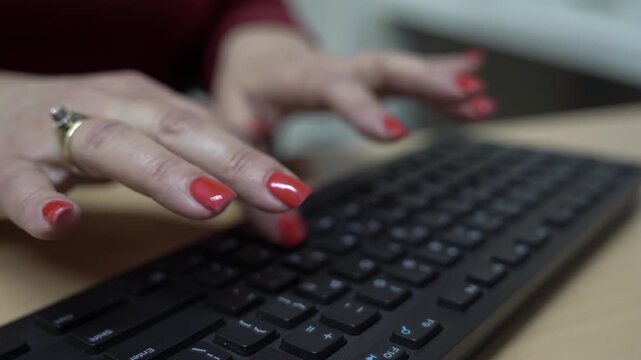 Woman secretary with red nails writing on a computer keyboard