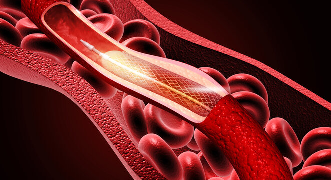 Medical 3D illustration of a metal mesh stent expanding inside an artery to restore blood flow.