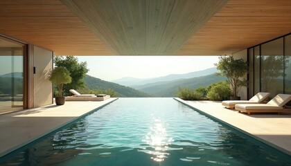 Fototapeta premium Modern luxury house with infinity pool overlooking mountains. Sunbeds by water, trees, green hills, clear sky. Peaceful serene landscape, tranquil ambiance, relaxation resort.