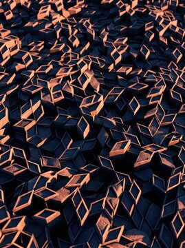Full frame vast 3D Penrose tiling extruded into relief geometry filling frame, irregular non-repeating rhombus forms at varying heights, warm neon peach raking light.