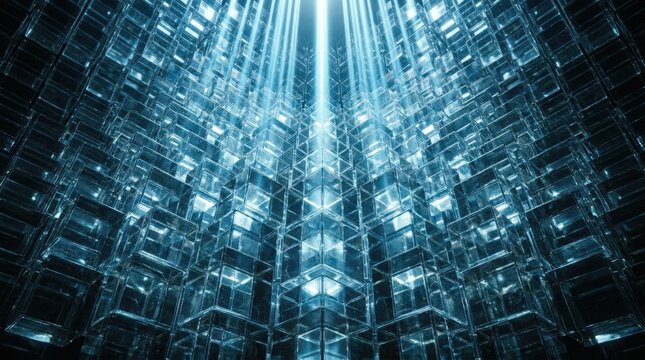 Full frame 3D stepped glass cube pyramid from worm-eye angle, dark near-black background, cold ice blue overhead light shafts through cube layers, sharp shadows at each layer.