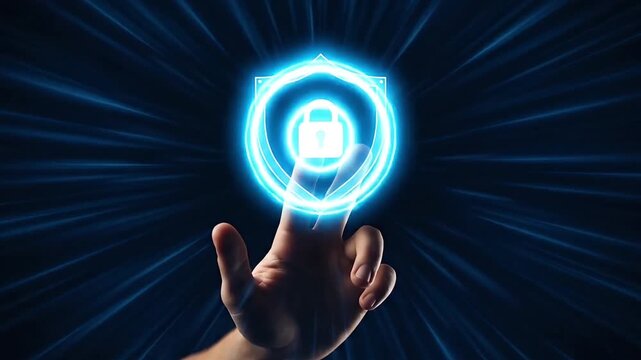Cybersecurity concept with glowing digital shield and lock illuminated by futuristic blue light