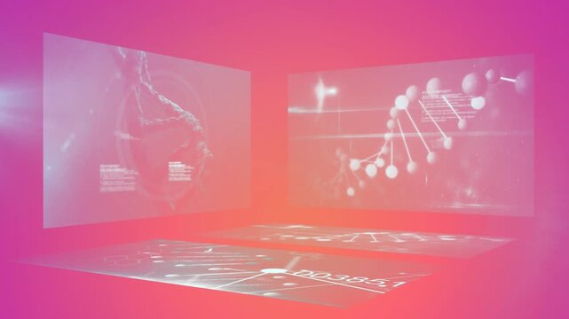 Animation of scientific data processing on screens on pink background