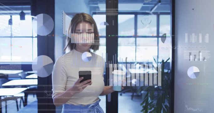 Animation of asian businesswoman using smartphone over data processing