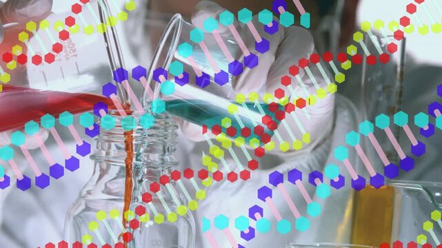 Animation of dna strands over caucasian scientist holding beakers