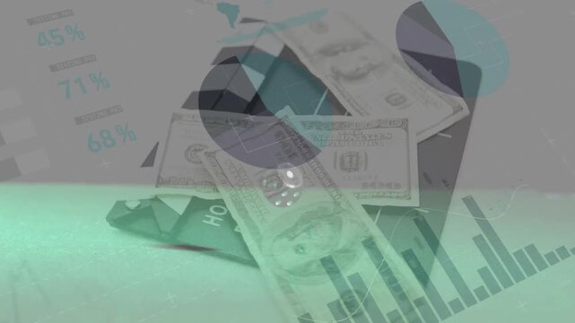 Animation of data processing over banknotes and dices