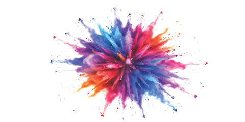 A vibrant explosion of colorful powder bursts outwards against a stark white background. ©  Designer