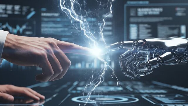 A close-up shot depicts a human hand interacting with a robotic hand over a futuristic digital interface, symbolizing collaboration and technological advancement.