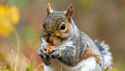 Fototapeta premium A squirrel eating a nut in a natural setting with blurred background