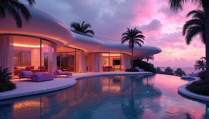 Naklejka premium Modern mansion with infinity pool reflects pink sunset sky. Curved architecture, glass walls, purple lounge furniture, palm trees. Serene luxury home at tropical seaside.