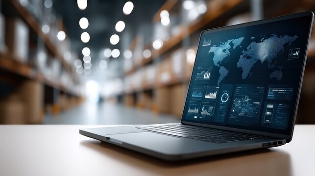 Laptop displays digital data in warehouse with industrial machinery and another case holding more screens showing technical graphics
